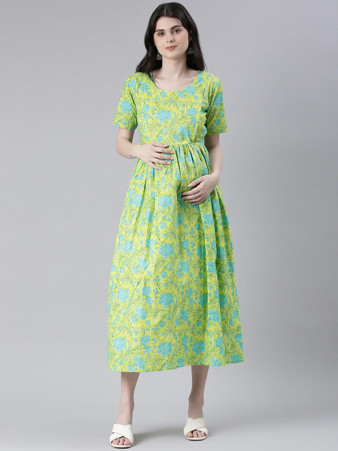 Green and blue Floral Print Maternity Fit & Flare Midi Ethnic Dress –  Swishchick