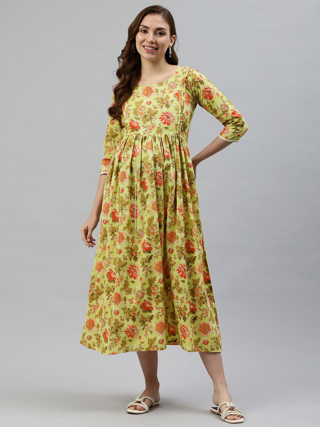 Pista Green and Pink Floral Print Maternity Fit & Flare Midi Dress