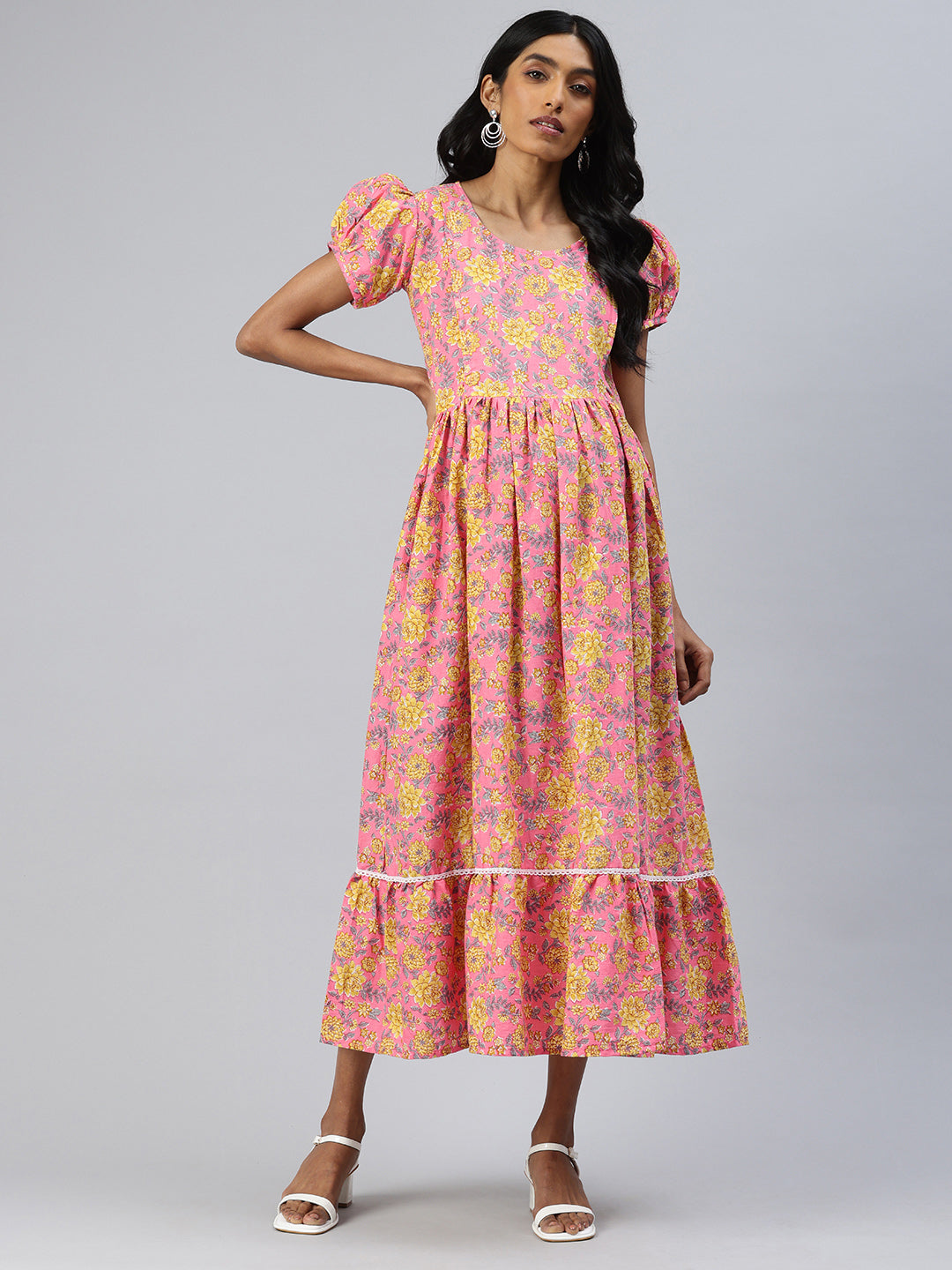 Pink and Yellow Floral Print Puff Sleeves cotton Maternity Fit & Flare Midi Dress
