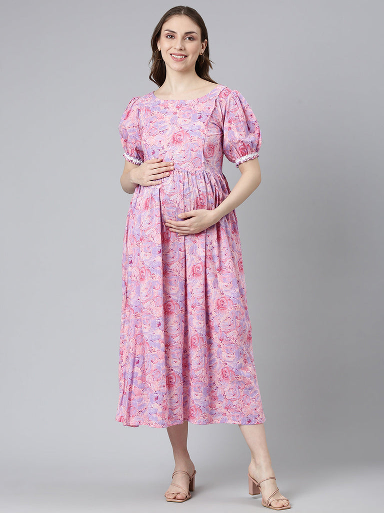 Pink floral print cotton maternity dress