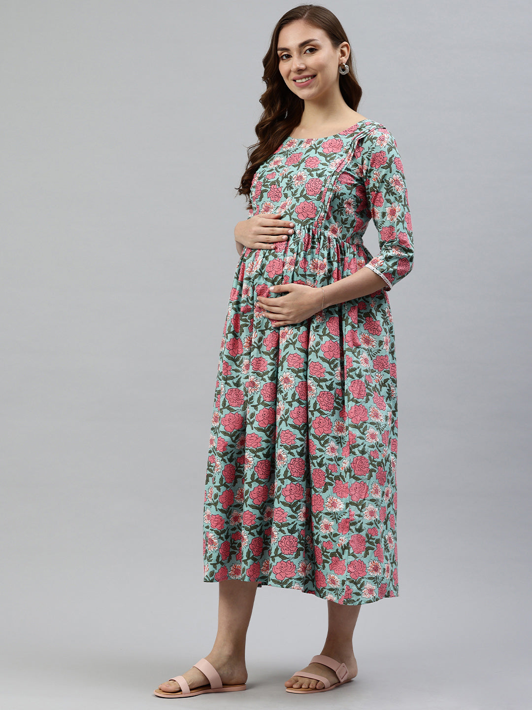 Blue and Pink Floral Print Maternity Fit & Flare Midi Dress