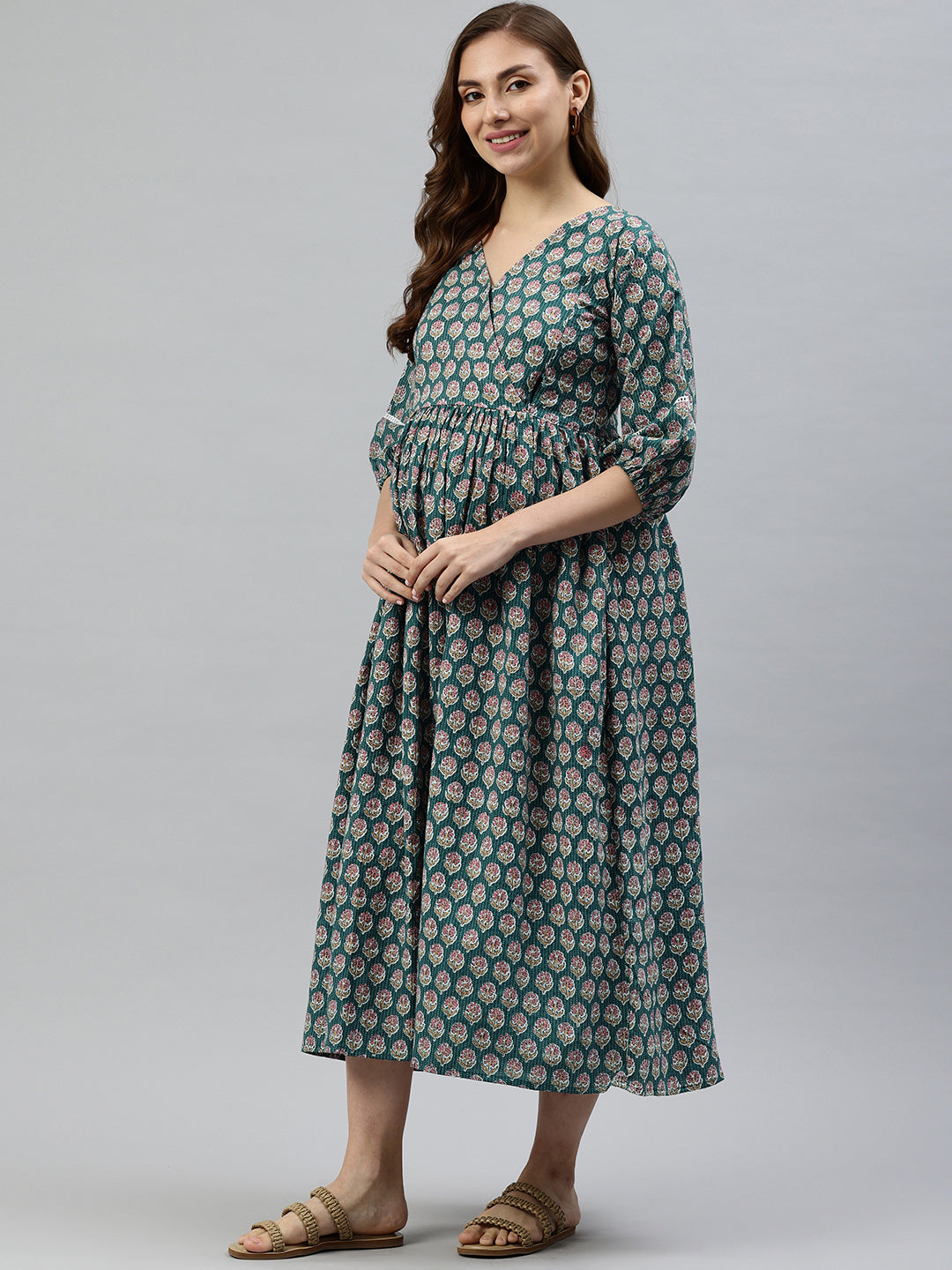Teal Floral Print Maternity Midi Dress