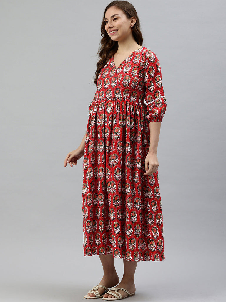 Red Floral Print Maternity Midi Dress