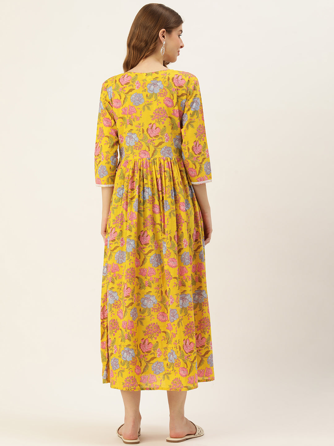 Yellow and multicoloured Floral Print Laced Maternity Maxi Dress
