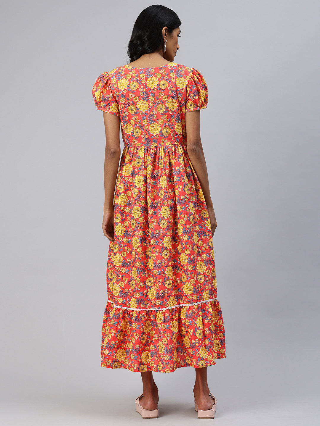 Peach and Yellow Floral Print Puff Sleeves cotton Maternity Fit & Flare Midi Dress