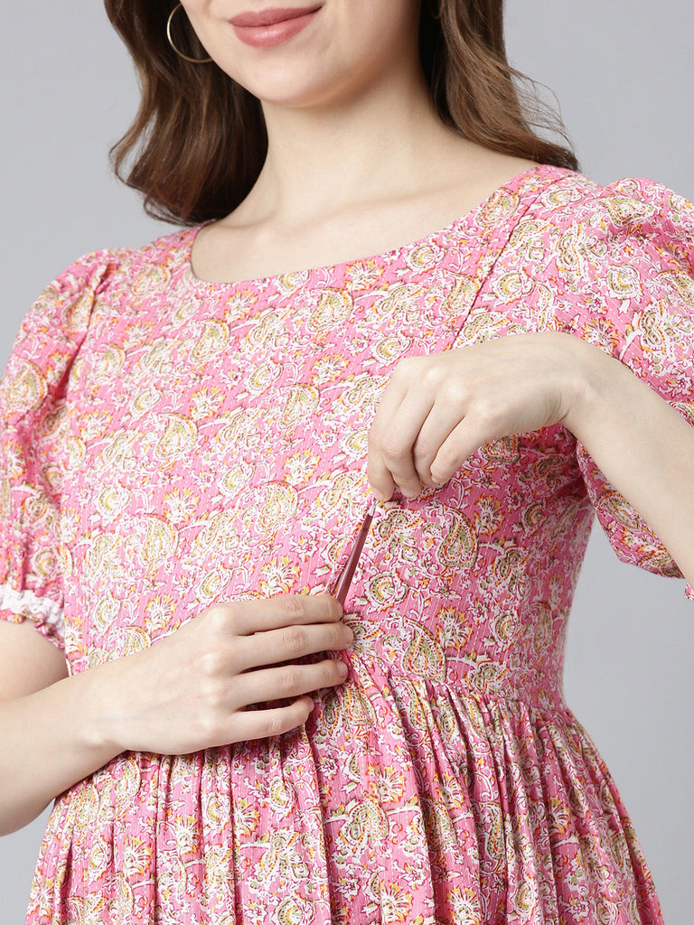 Pink floral print cotton maternity dress