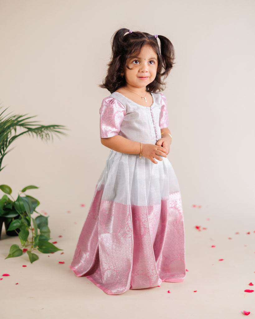 Silver Tissue dress with Pink border