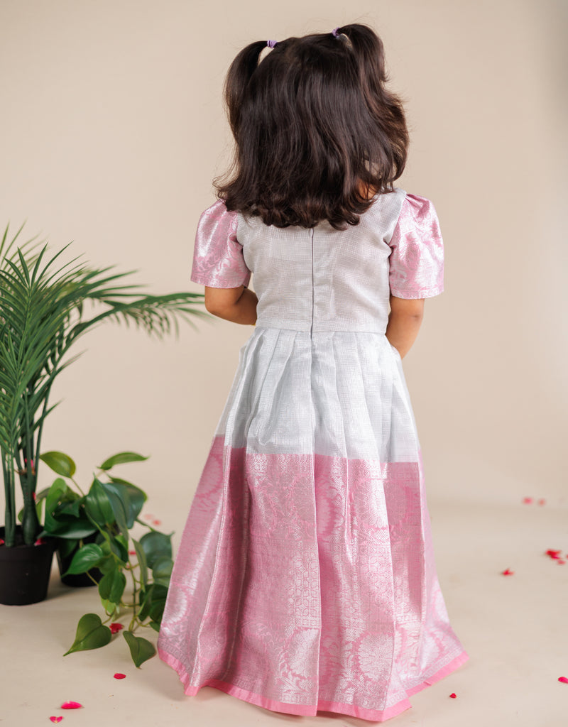 Silver Tissue dress with Pink border