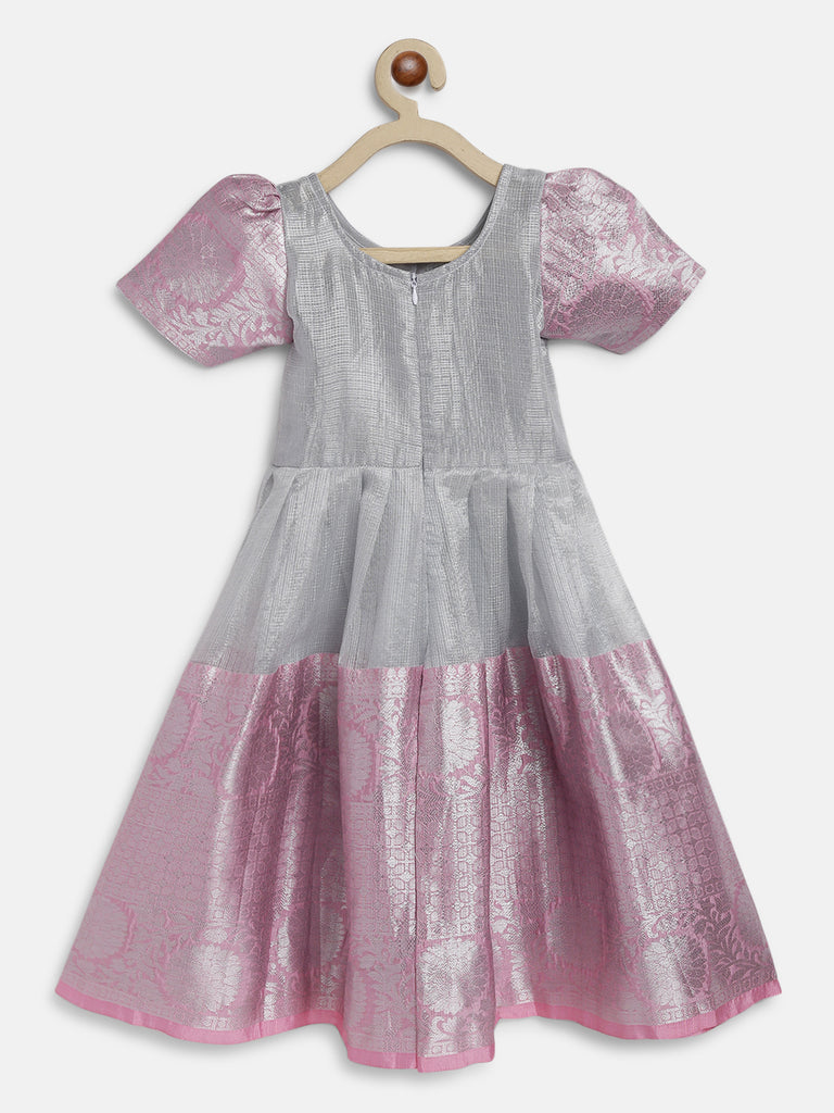 Silver Tissue dress with Pink border