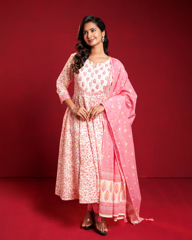 White & Pink floral print cotton kurta set