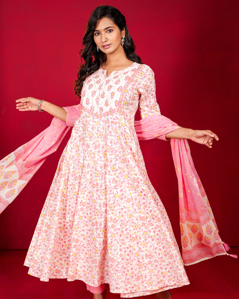 White & Pink floral print cotton kurta set