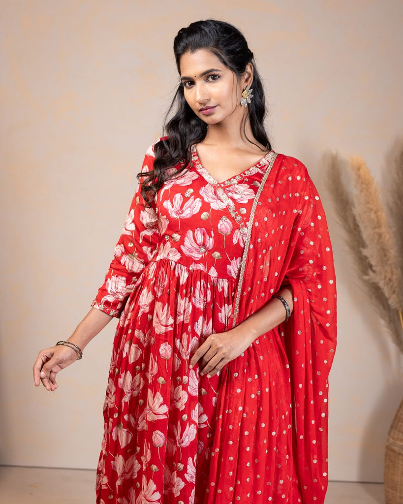 Red floral print chinon kurta set