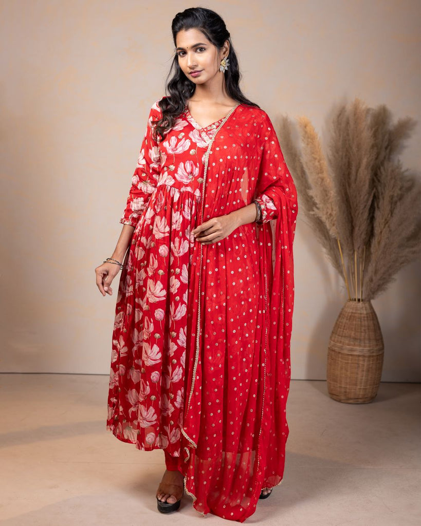 Red floral print chinon kurta set