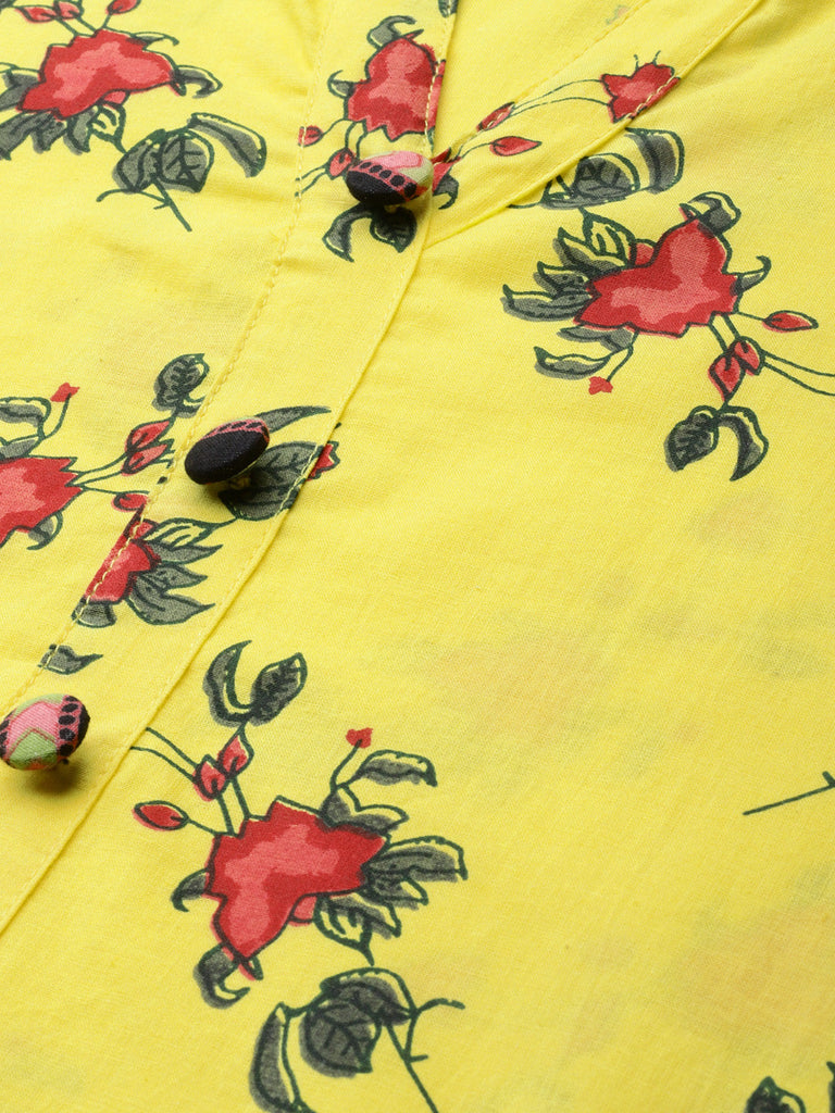 Yellow & Red Floral Straight Kurta