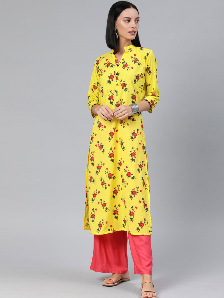 Yellow & Red Floral Straight Kurta