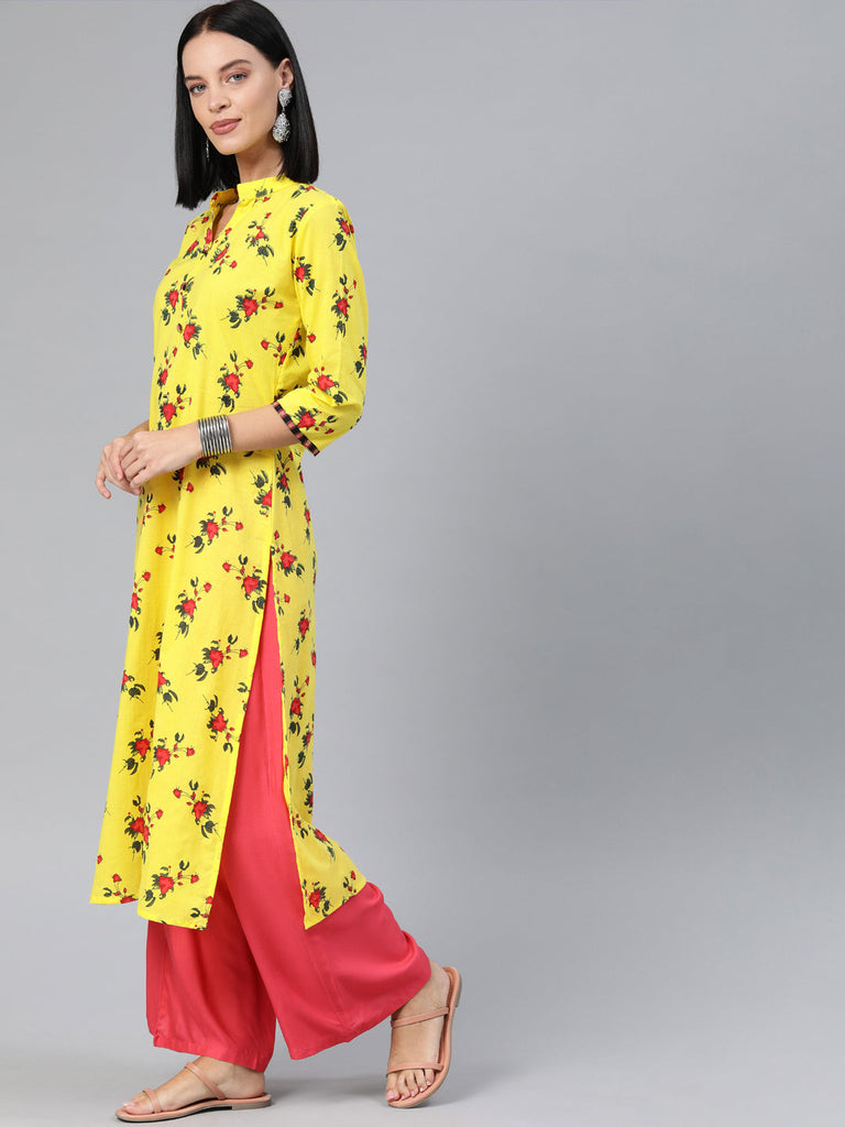 Yellow & Red Floral Straight Kurta