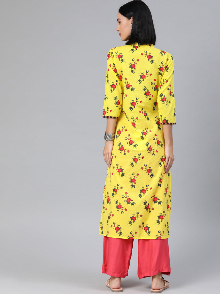 Yellow & Red Floral Straight Kurta