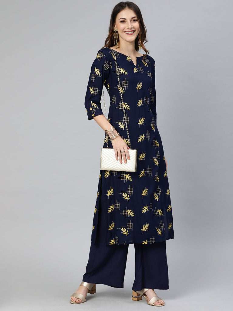 Navy Blue Printed Straight Kurta