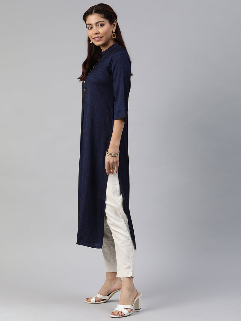 Navy Blue Solid Straight Kurta