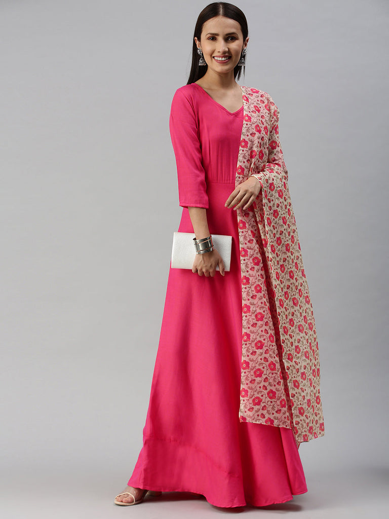 Pink Solid Anarkali with Dupatta