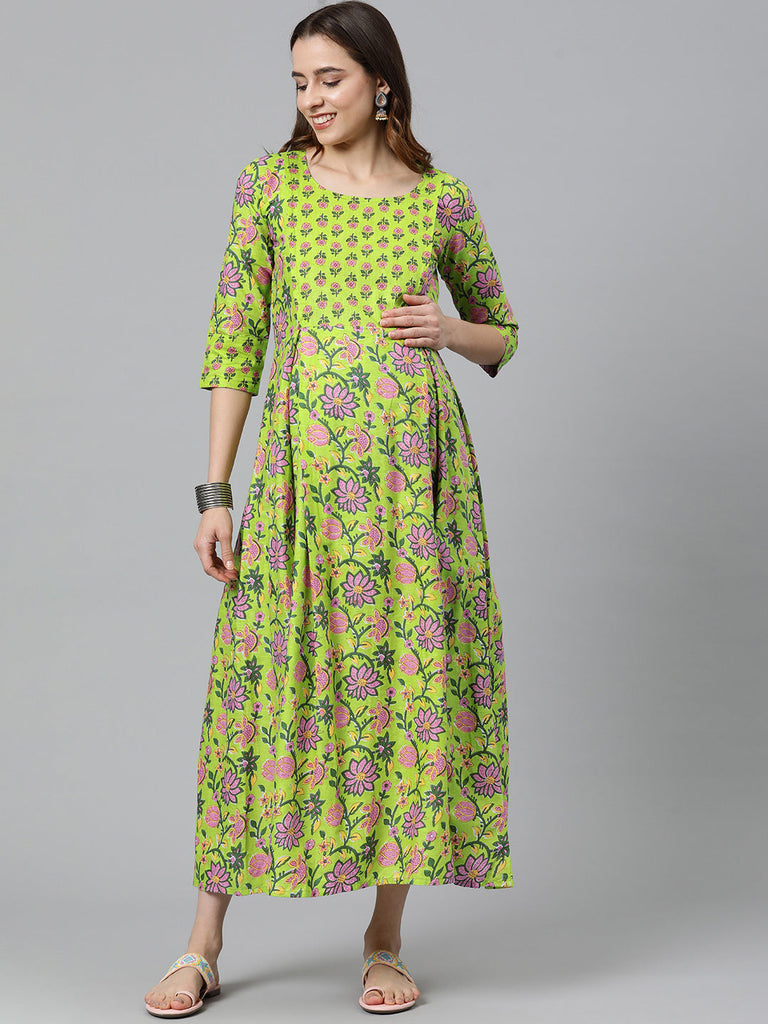 Green Floral Printed Maternity Dress