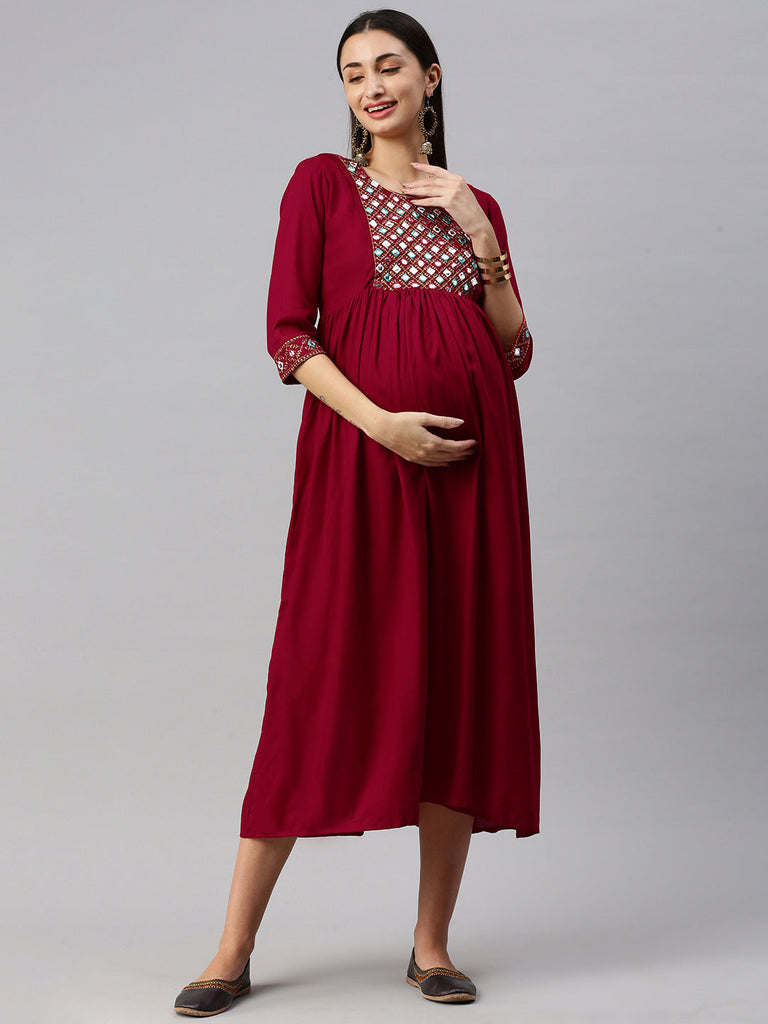 Red embroidered Maternity Dress