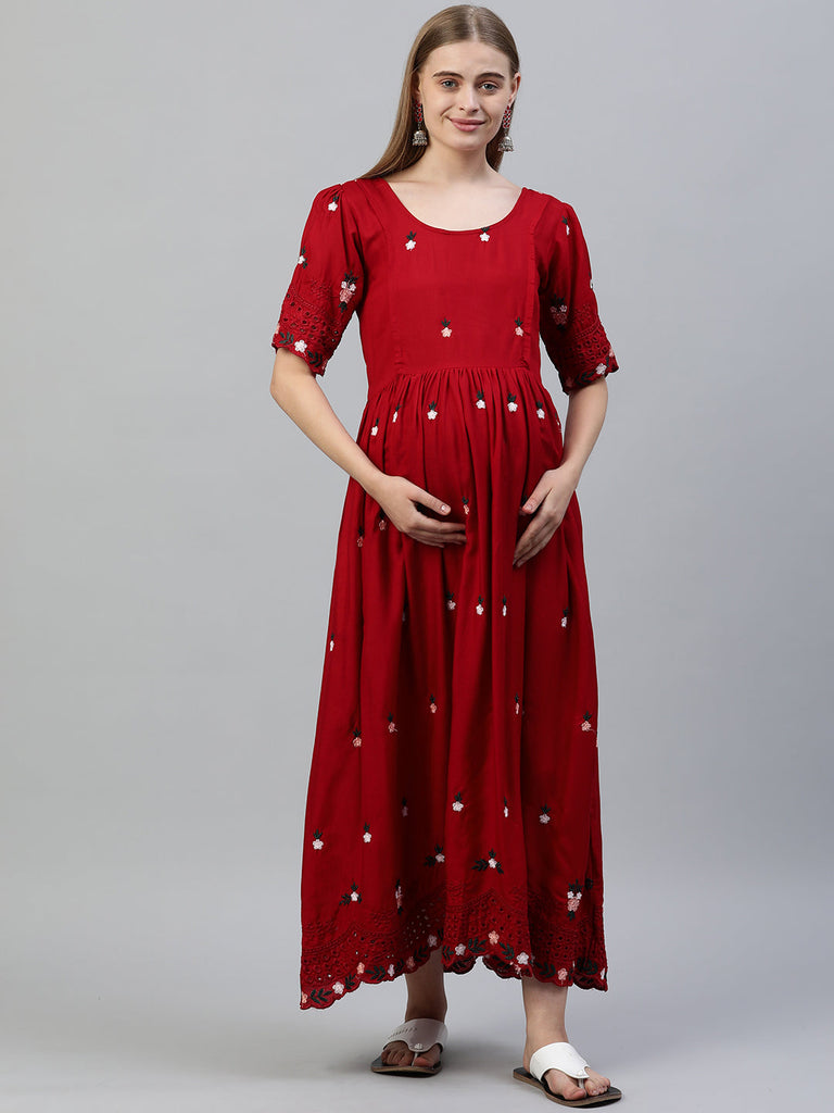 Red Embroidered Maternity Dress