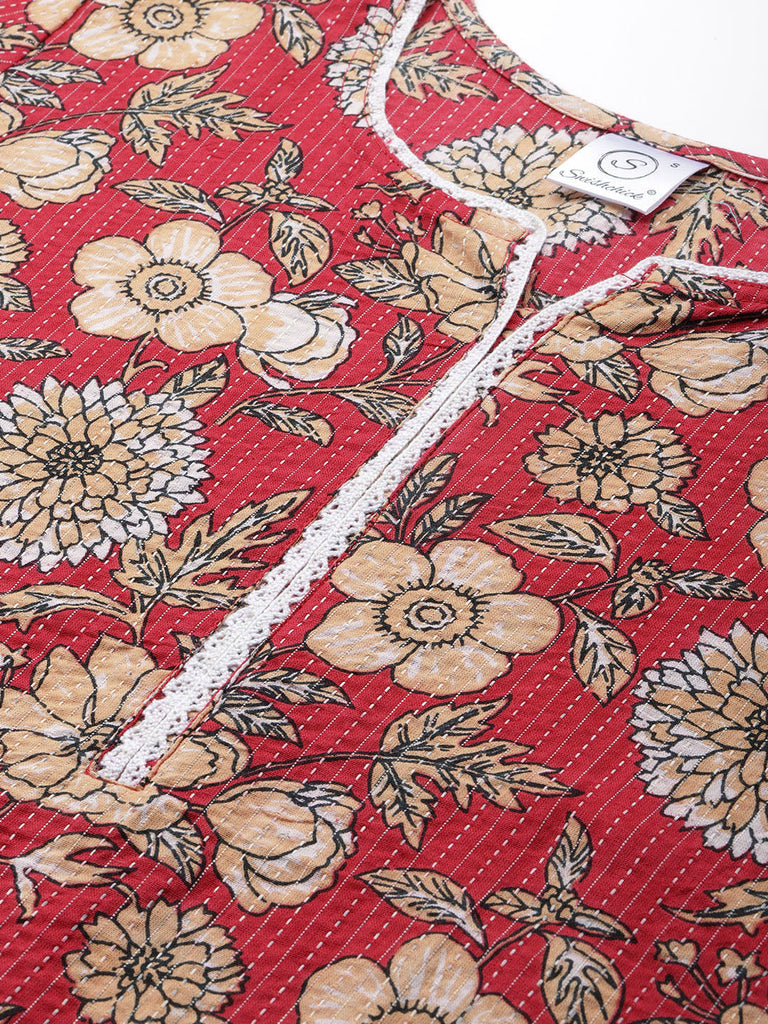 Red Floral Printed Kurta