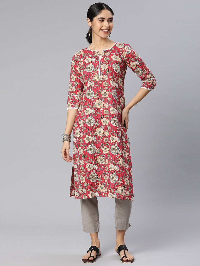 Red Floral Printed Kurta