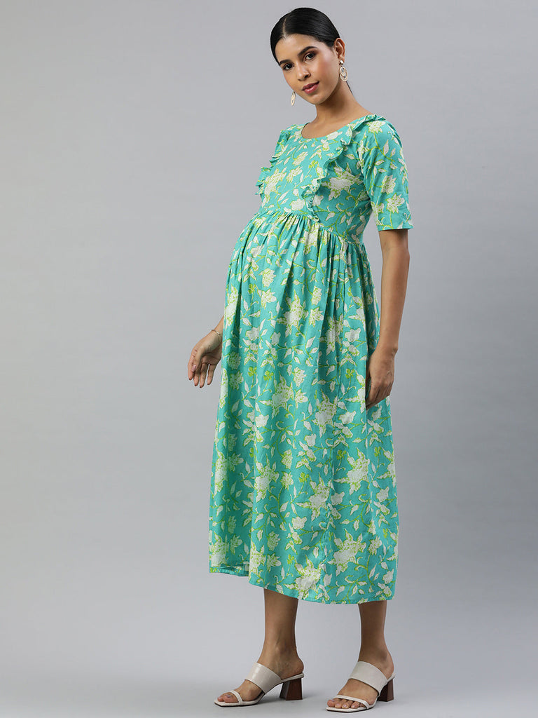 Sea Green Floral Print Maternity Dress