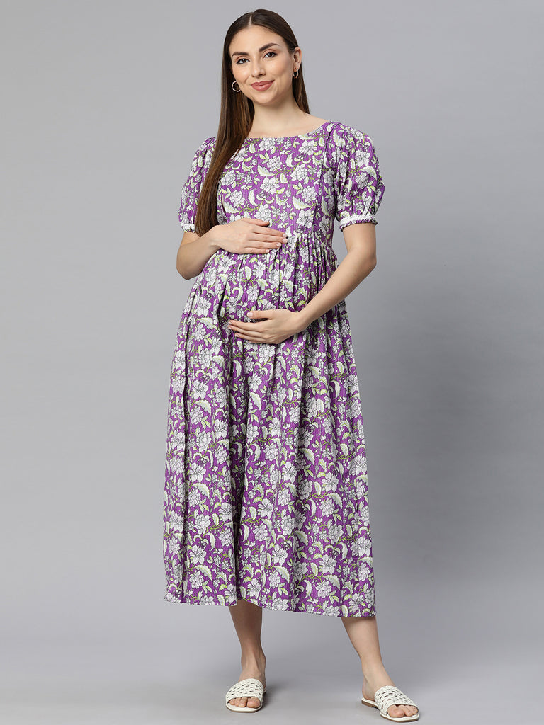 Purple Kantha Floral Print Maternity Dress