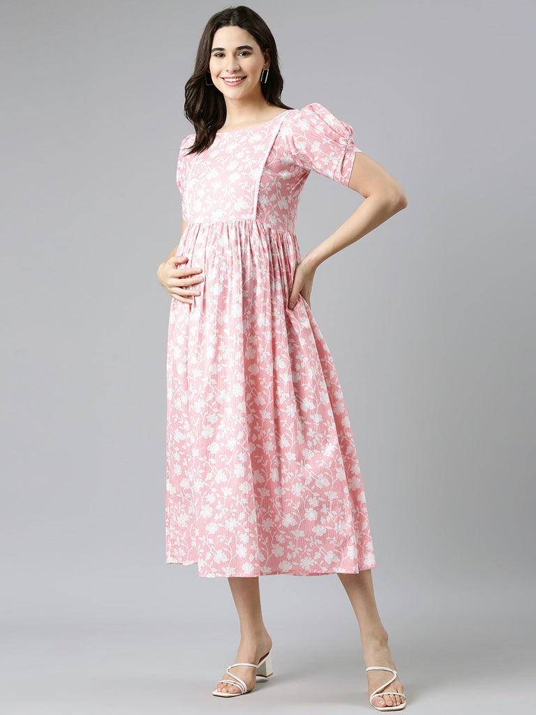 Peach Kantha cotton maternity dress