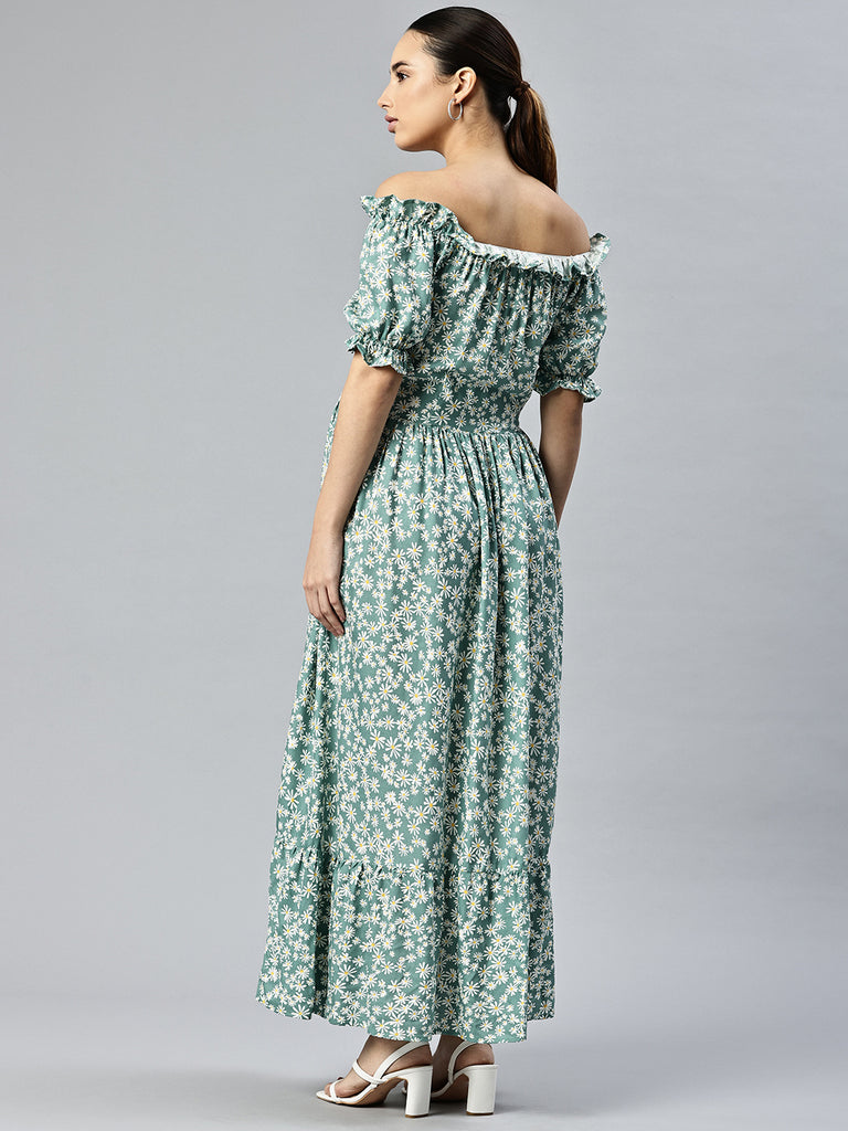 Printed Off-Shoulder Fit & Flare Maxi Dress