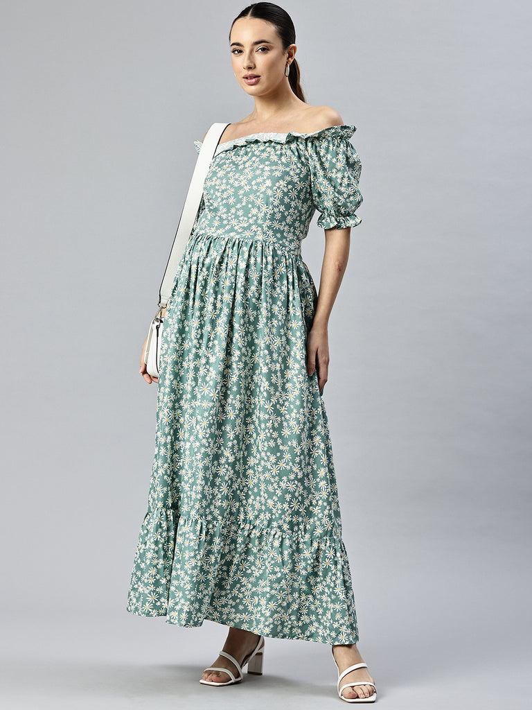 Printed Off-Shoulder Fit & Flare Maxi Dress