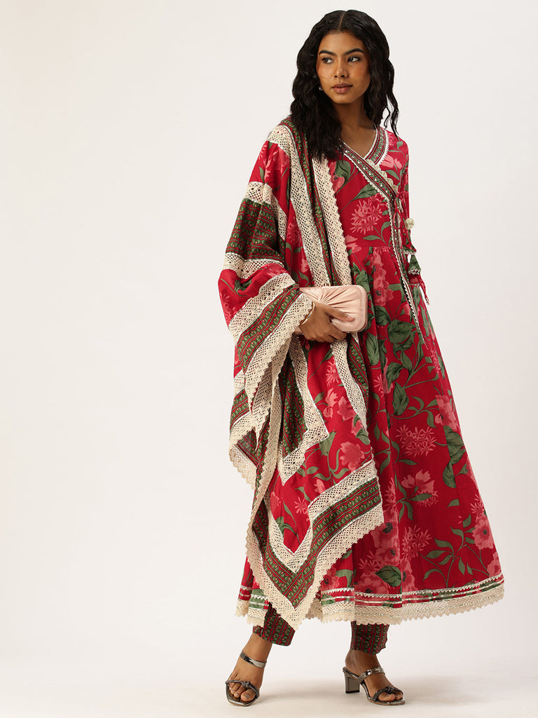 Red Anarkali cotton dress with dupatta