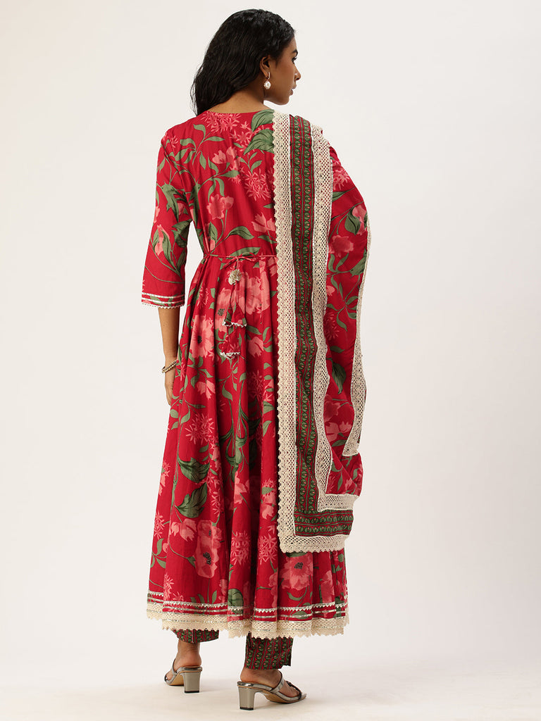 Red Anarkali cotton dress with dupatta