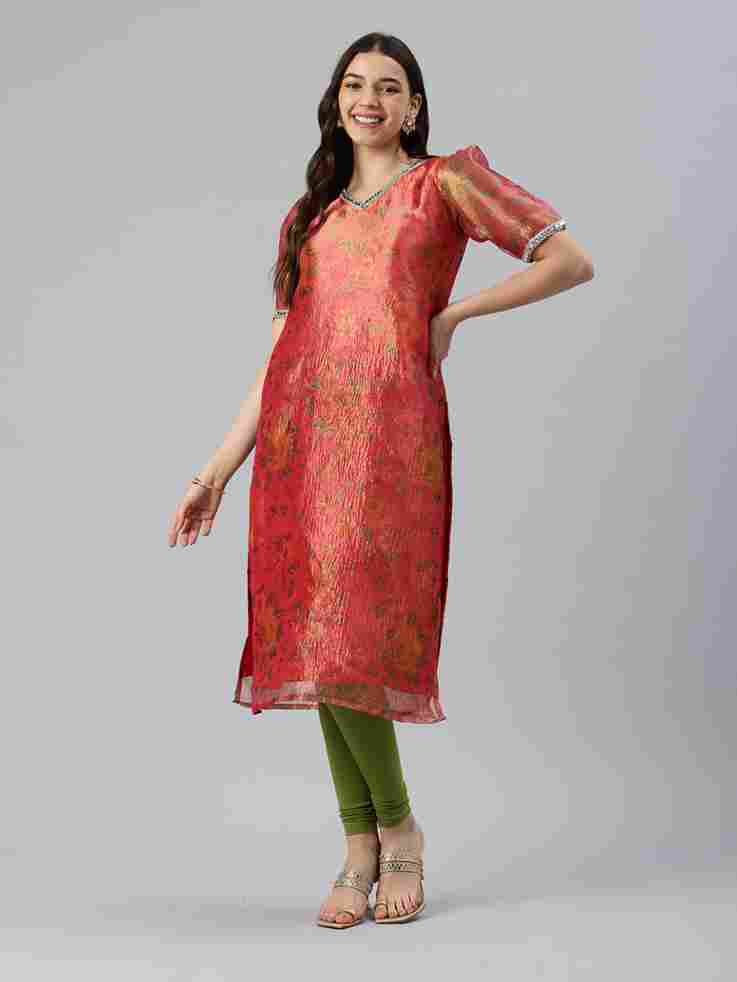 Pink Floral Tissue Kurta Set