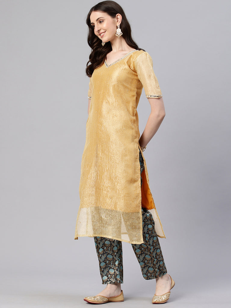 Gold Tissue with Mirror Kurta Top with Pant