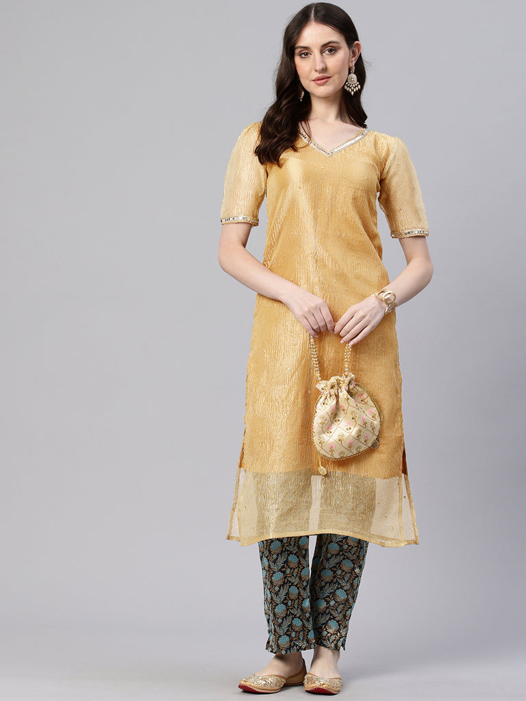 Gold Tissue with Mirror Kurta Top with Pant