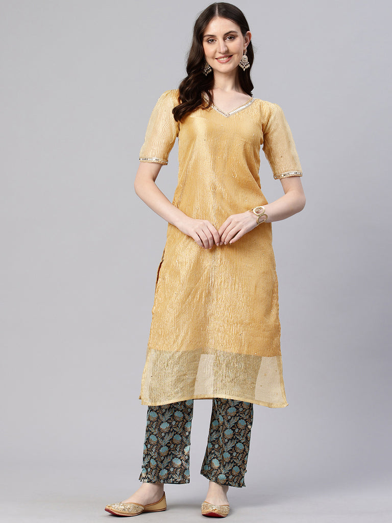 Gold Tissue with Mirror Kurta Top with Pant