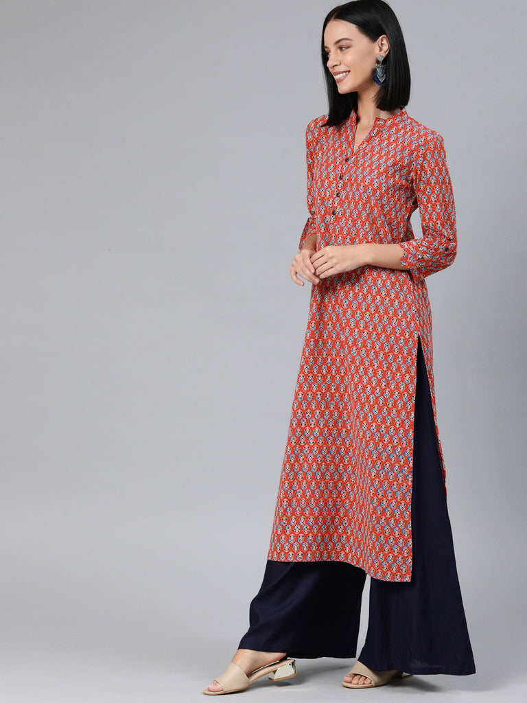 Rust Orange Printed Straight Kurta