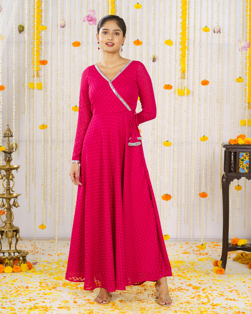 Red self work georgette Anarkali