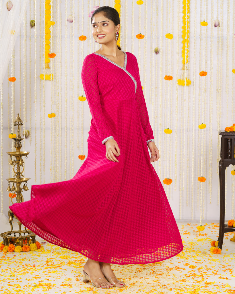 Red self work georgette Anarkali