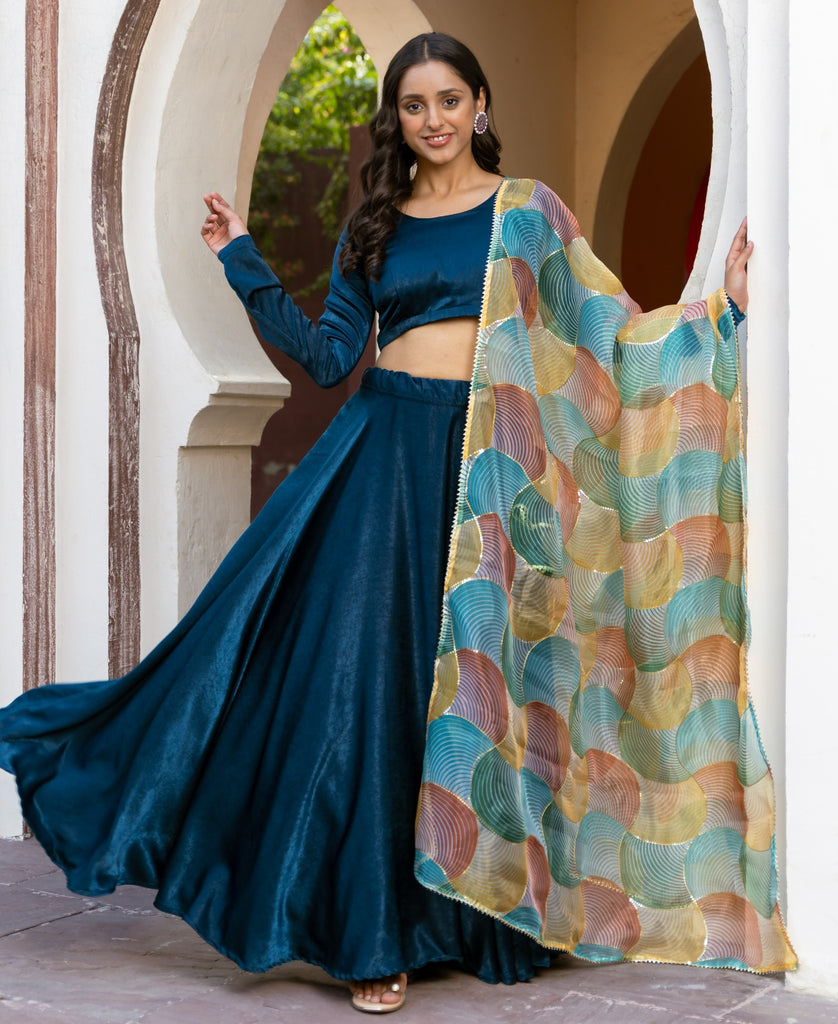 Teal Velvet Lehenga with embroiderded organza dupatta