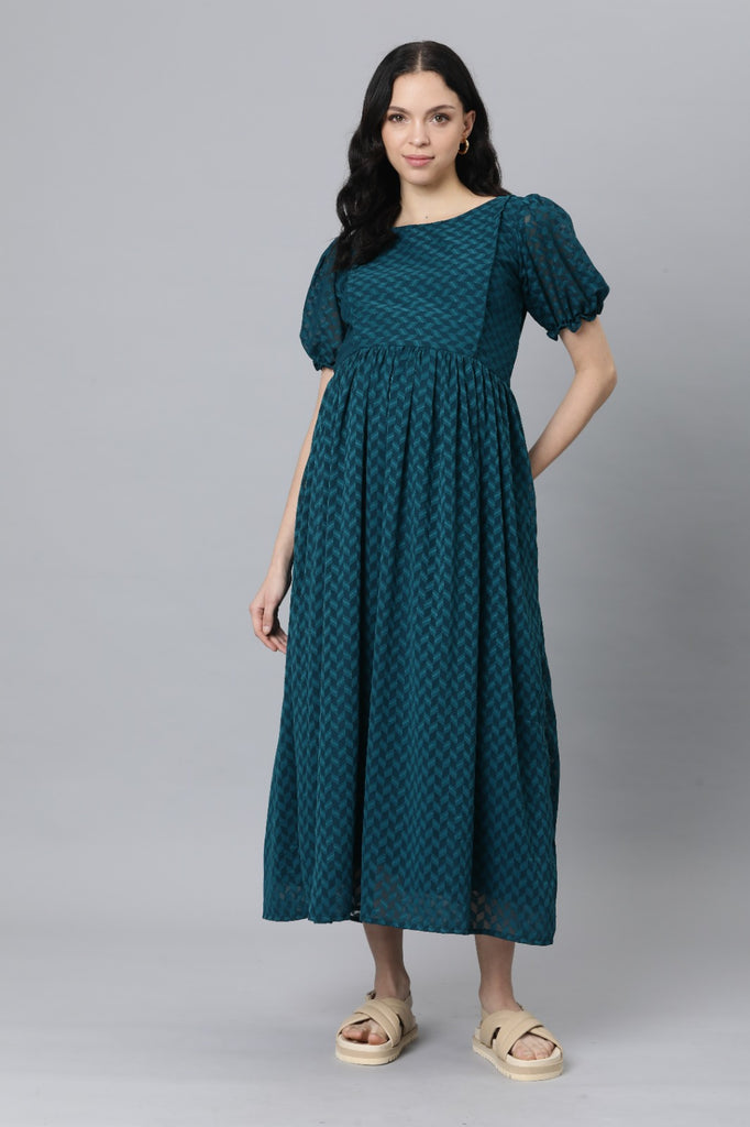 Teal Puff Sleeve Georgette Maternity Maxi Dress