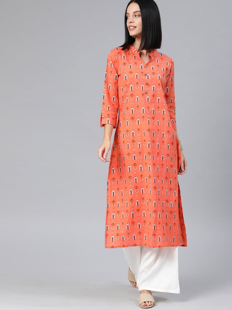 Orange & White Printed Straight Kurta