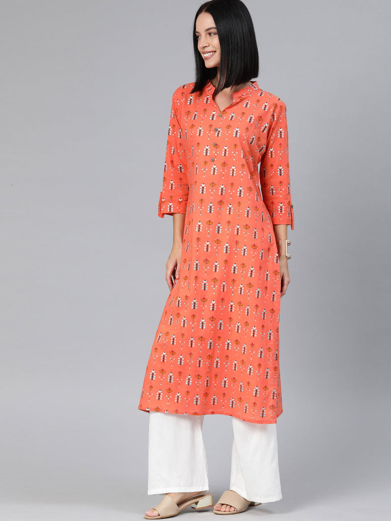 Orange & White Printed Straight Kurta