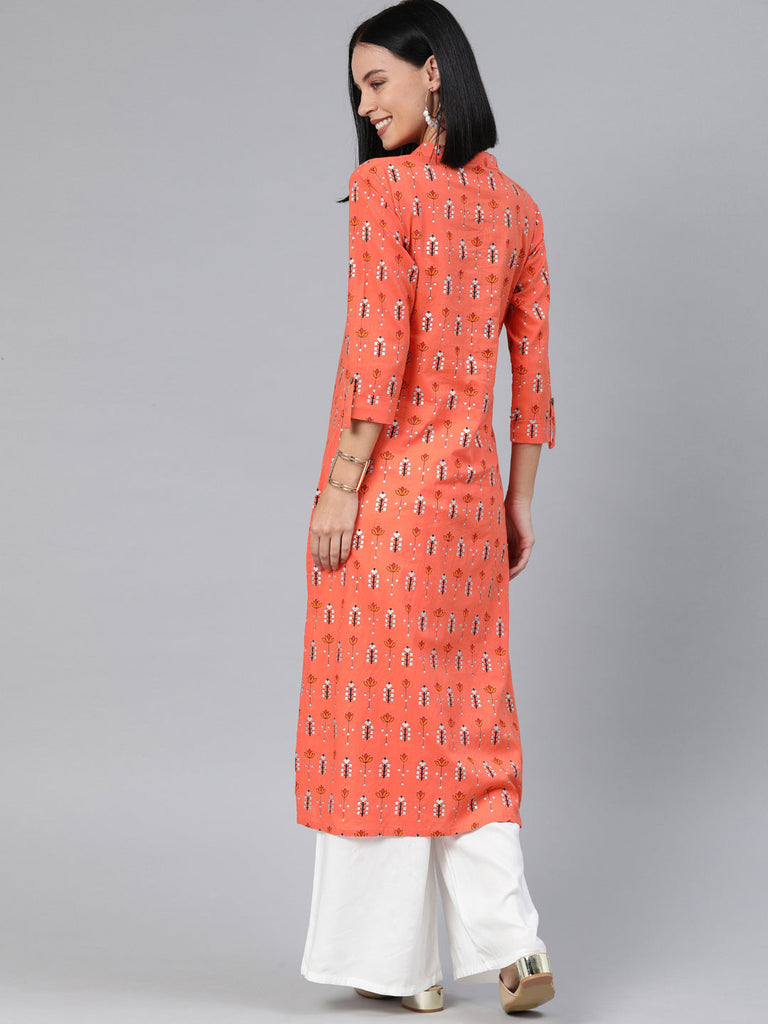 Orange & White Printed Straight Kurta