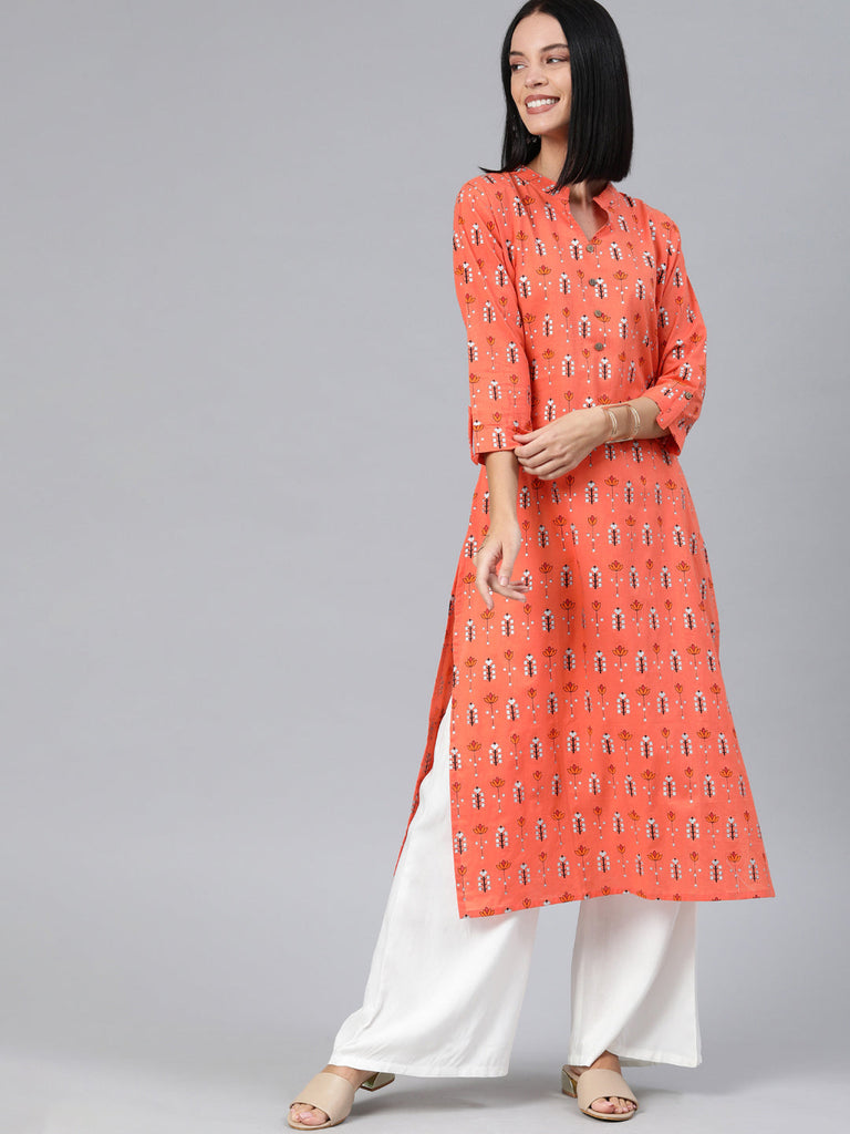 Orange & White Printed Straight Kurta