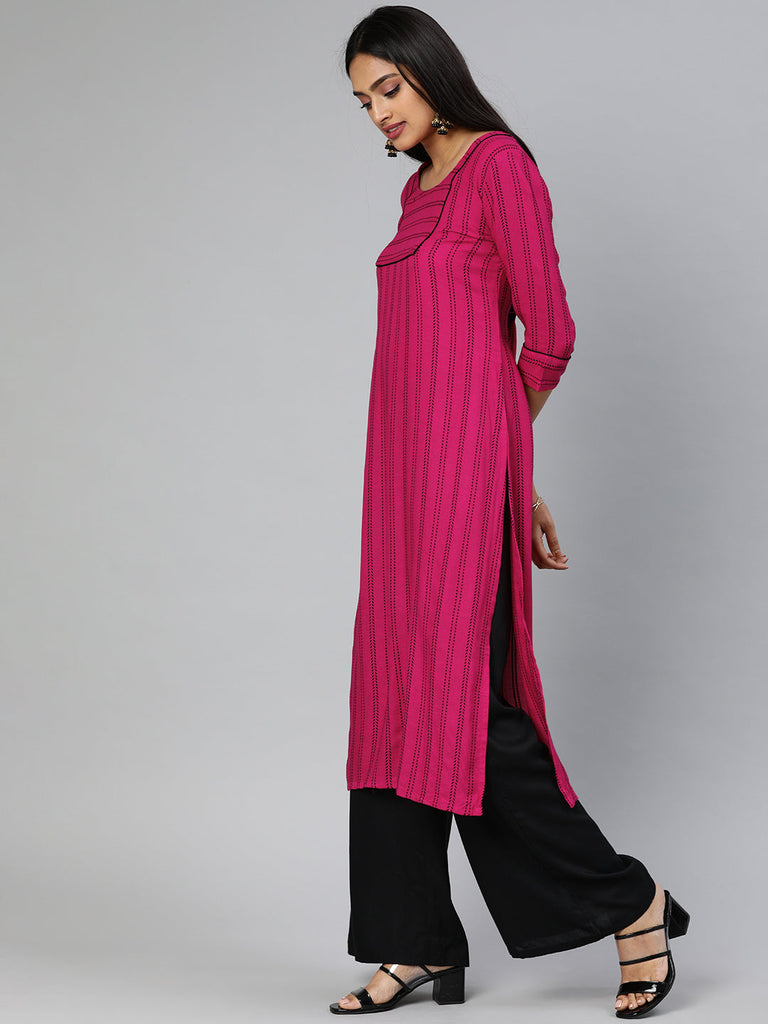 Pink & Black Striped Straight Kurta